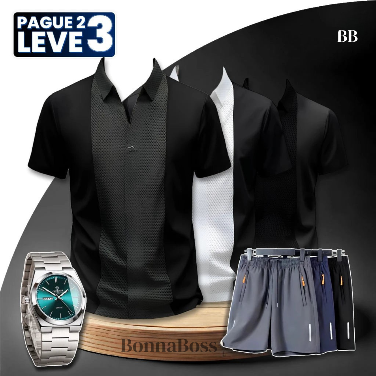 [Pague 2, Leve 3] Camisa Polo Casual Italian em Seda Gelo e Poliéster + BRINDES: 3 Bermudas e Relógio