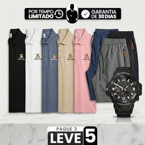 [Pague Só 3, Leve 5!] Polo Ursus Masculina em Malha Piquet (Algodão e Poliéster) com Acabamento Reforçado e Logo Bordado + 3 Bermudas e Relógio